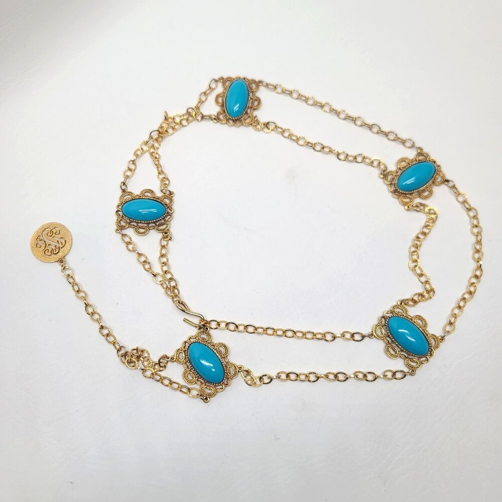 Vintage Gold Tone Faux blue Turquoise Belt/Necklace Multi Chain Oval Panels